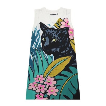 Woman Sleeveless Dress - White : Black Panther in the Secret Garden