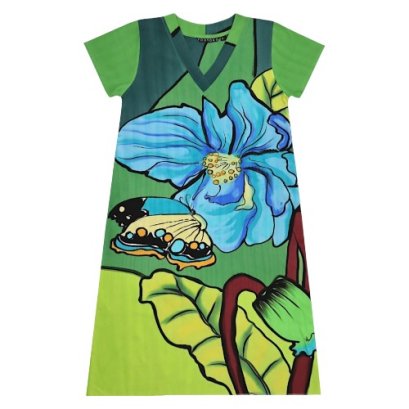 Woman Dress - Green : Himalayan blue poppy flower with butterfly