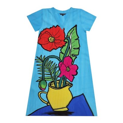เดรสผู้หญิงแขนสั้น - สีฟ้า : ลายดอกคอสมอสสีแดงและชมพูในแจกัน