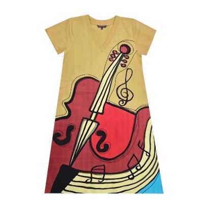 เดรสผู้หญิงแขนสั้น - สีน้ำตาล : ลายดนตรีอันไพเราะจากวิโอลา