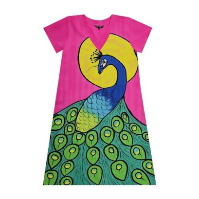 เดรสผู้หญิงแขนสั้น - สีชมพู : ลายนกยูงสีน้ำเงินกับพระจันทร์เต็มดวง