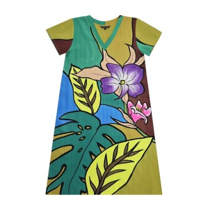 เดรสผู้หญิงแขนสั้น - สีเขียว : ลายดอกอะมาริลลิสสีม่วง