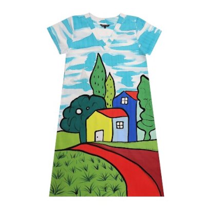 เดรสผู้หญิงแขนสั้น - สีฟ้า : ลายบ้านหลากสีในสวน
