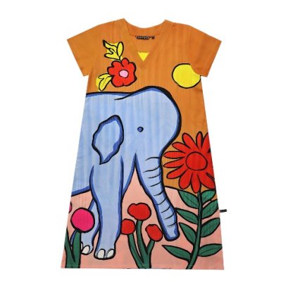 Women Dress - Brown : Blue Elephant in the Garden of Light