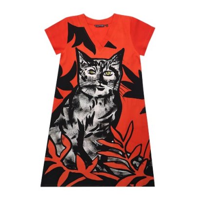เดรสผู้หญิงแขนสั้น - สีแดง : ลายเงาแมวแห่งความฝัน