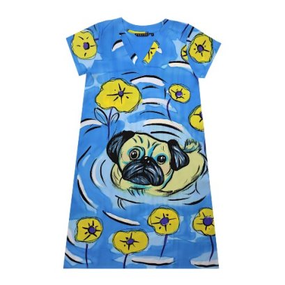 เดรสผู้หญิงแขนสั้น - สีฟ้า : บึงสีฟ้ากับหมาน้อย