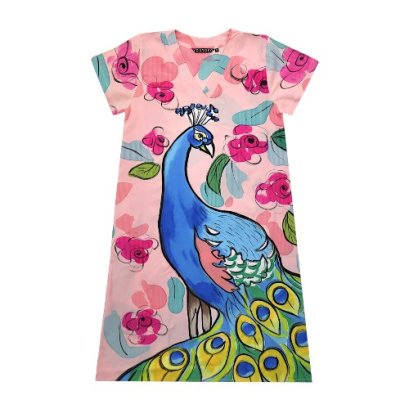 เดรสผู้หญิงแขนสั้น - สีชมพู : ลายนกยูงเจ้าหญิงแห่งพฤกษา