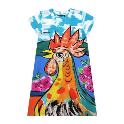 เดรสผู้หญิงแขนสั้น - สีฟ้า : ลายสีสันยามเช้ากับเจ้าขัน