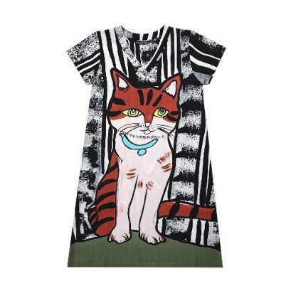 เดรสผู้หญิงแขนสั้น - สีดำ : ลายแมวลายเสือในกรอบศิลป์