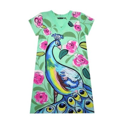 เดรสผู้หญิงแขนสั้น - สีเขียว : ลายนกยูงเจ้าหญิงแห่งพฤกษา