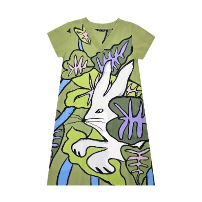 Woman Dress - Green : White Bunny in Jungle