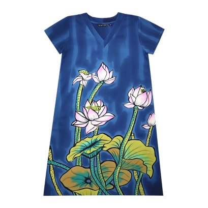 Woman Dress - Blue : Blooming Lotus on Indigo Waters