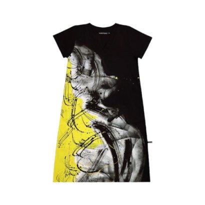 เดรสผู้หญิงแขนสั้น - สีดำ : ลายแอปสแตรคที่มีควันสีดำและสีเทา