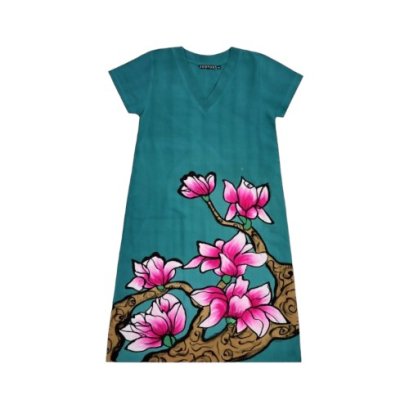 เดรสผู้หญิงแขนสั้น - สีเขียว : ลายดอกพลัมเมเรียสีชมพู