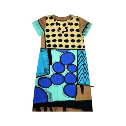 เดรสผู้หญิงแขนสั้น - สีน้ำตาล : ลายแอปสแตรคจุดสีดำและวงกลมสีน้ำเงิน