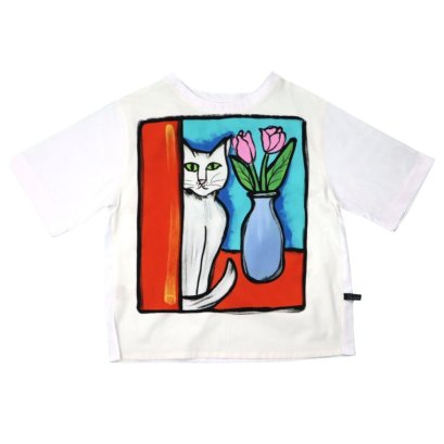 Woman blouse - White : Charming cat and purple flowerpot