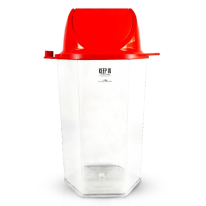 ถังขยะใสหกเหลี่ยมฝาสวิง มีตัวต่อที่ฝา ฝาสีแดง Happy Move code 44784