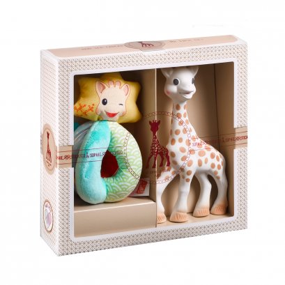 READY TO GIVE BIRTH BOX SOPHIE LA GIRAFE AND RATTLE BALLS AND FABRICS