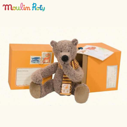 Moulin Roty ตุ๊กตาหมีน้ำตาล + ผ้าพันคอ พร้อมกล่องของขวัญ สไตล์วินเทจ MR-720031