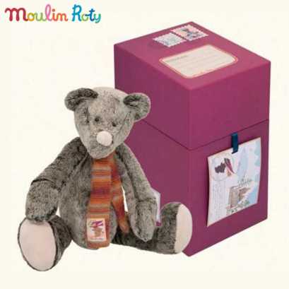 Moulin Roty ตุ๊กตาหมีสีเทา+ ผ้าพันคอ พร้อมกล่องของขวัญ สไตล์วินเทจ MR-720029