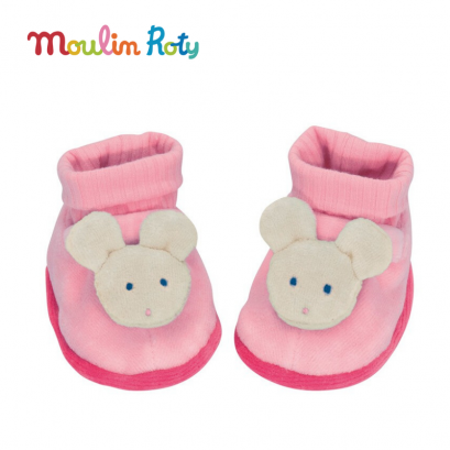 Moulin Roty ถุงเท้า รองเท้า เด็กอ่อน 0-9 เดือน ถุงเท้าเด็กแรกเกิด ถุงเท้าทารก ลายหนูลีล่า Lila Baby Slippers MR-643010