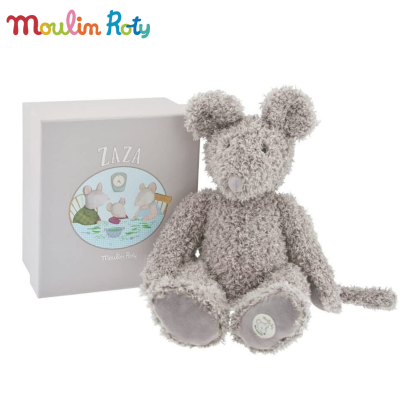 Moulin Roty ตุ๊กตาหนูสีเทา ออร์แกนิคขนนุ่ม ขนาดกลาง สูง 32cm.+กล่องของขวัญ Zaza MR-710038