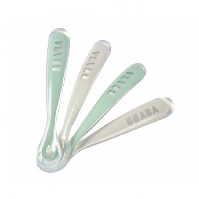 Set of 4 Ergonomic 1st Stage Silicone Spoons - Light Grey / Frosty Green