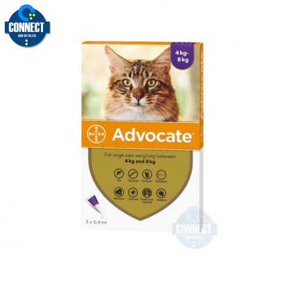 Advocate Spot On Cat ผลิตภัณฑ์ป้องกันและกำจัดเห็บหมัด สำหรับแมว น้ำหนัก 4-8 kg (สีม่วง) กิโลกรัม (1 กล่อง บรรจุ 3 หลอด)