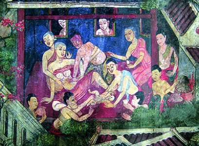 "ภิกษุณีคลอดบุตร" จิตรกรรม "กุมารกัสสปเถรวัตถุ" ในโบสถ์วัดโพธิ์