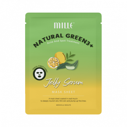 MILLE มาส์กเจลลี่ชาเขียว NATURAL GREEN3+ BRIGHTENING AND SPOT TREATMENT JELLY SERUM MASK SHEET