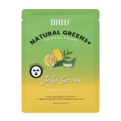 MILLE มาส์กเจลลี่ชาเขียว NATURAL GREEN3+ BRIGHTENING AND SPOT TREATMENT JELLY SERUM MASK SHEET 28G.