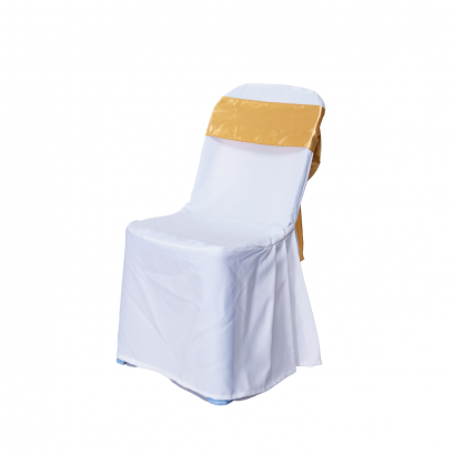 เช่าเก้าอี้พลาสติกคลุมผ้าสีขาวพร้อมโบว์สีทอง