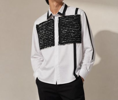 Monochrome Long Sleeve Shirt with Fabric Manupulation