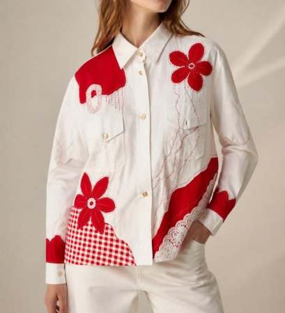 White Floral Patchwork and Embroidery Long Sleeve Shirt