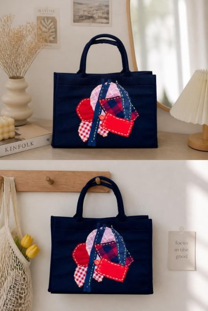 Tote Bag Artsy Patchwork Handcrafted Navy Blue