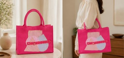 Fuchsia Patchwork Tote Bag with Hand Stitched Details