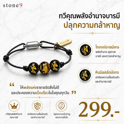 ข้อมือหินเชือกหนัง ไทเกอร์อายมังกร&amp;หินนิลสลักมังกร