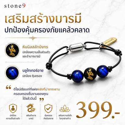 ข้อมือหินเชือกหนัง หินนิลสลักมังกร&amp;บลูไทเกอร์อาย