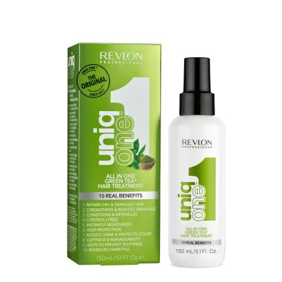 REVLON PROFESSIONAL UNIQ ONE ALL IN ONE HAIR TREATMENT V2, 10 REAL BENEFITS FOR HAIR, IDEAL FOR ALL HAIR TYPES, GREENTEA, 150ML ทรีทเมนต์บำรุงผมแบบไม่ต้องล้างออก กลิ่นชาเขียว