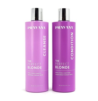 Pravana The perfect blonde shampoo +conditioner 325ml   แชมพูปราศจากสาร Sulfate เหมะสำหรับผมสีเทา สีหม่น ถนอมสีผม  พร้อมโปรตีนไยไหม เคราติน จมูกข้าวสาลี ทำให้ผมนุ่มลื่นมีน้ำหนัก  เนื้อแชมพูและครีมนวดมีสีม่วง