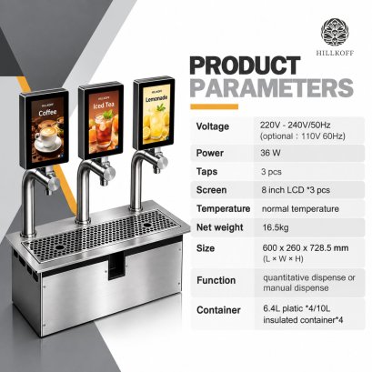 เครื่องจ่ายเครื่องดื่มอัตโนมัติ 3 หัวจ่าย พร้อมหน้าจอ LCD 8 นิ้ว Smart Auto-Beverage Machine