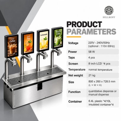 เครื่องจ่ายเครื่องดื่มอัตโนมัติ 4 หัวจ่าย พร้อมหน้าจอ LCD 8 นิ้ว Smart Auto-Beverage Machine