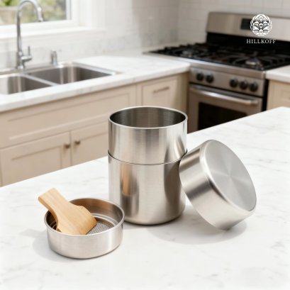 Tin stainless steel Canister with Sifter กระป๋องสแตนเลส กระป๋อง ทรงกระบอก พร้อมตะแกรงร่อนผงชาในตัว