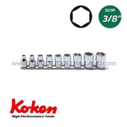 RS340A/9 ลูกบล็อก สั้น 6P (SQ.DR.3/8&quot;) Socket Set on Rail