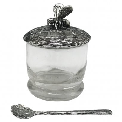 Pewter Honey Pot w/dipper and lid, Bee ornament