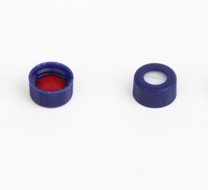For 2 ml Screw top vial Dai. 9 mm,  Blue open-topped polypropylene cap and red  PTFE/white Silicone septa