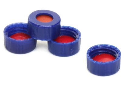 For 2 ml Screw top vial Dai. 9 mm, Blue open-topped polypropylene cap and Pure Silicone septa