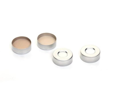 For 5/8/10/20 ml crimp top vial Dai. 20 mm, Open-topped aluminum crimp cap, Beige PTFE / white Silicone septa