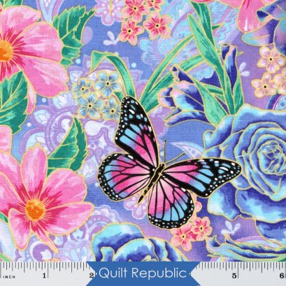 Blank Quilting Fabrics Sunrise Garden Flowers and Butterflies Blue