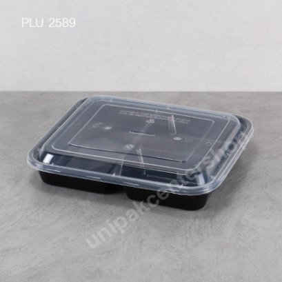 กล่องอาหาร PP ดำ 3 ช่อง  700 ml พร้อมฝา PET